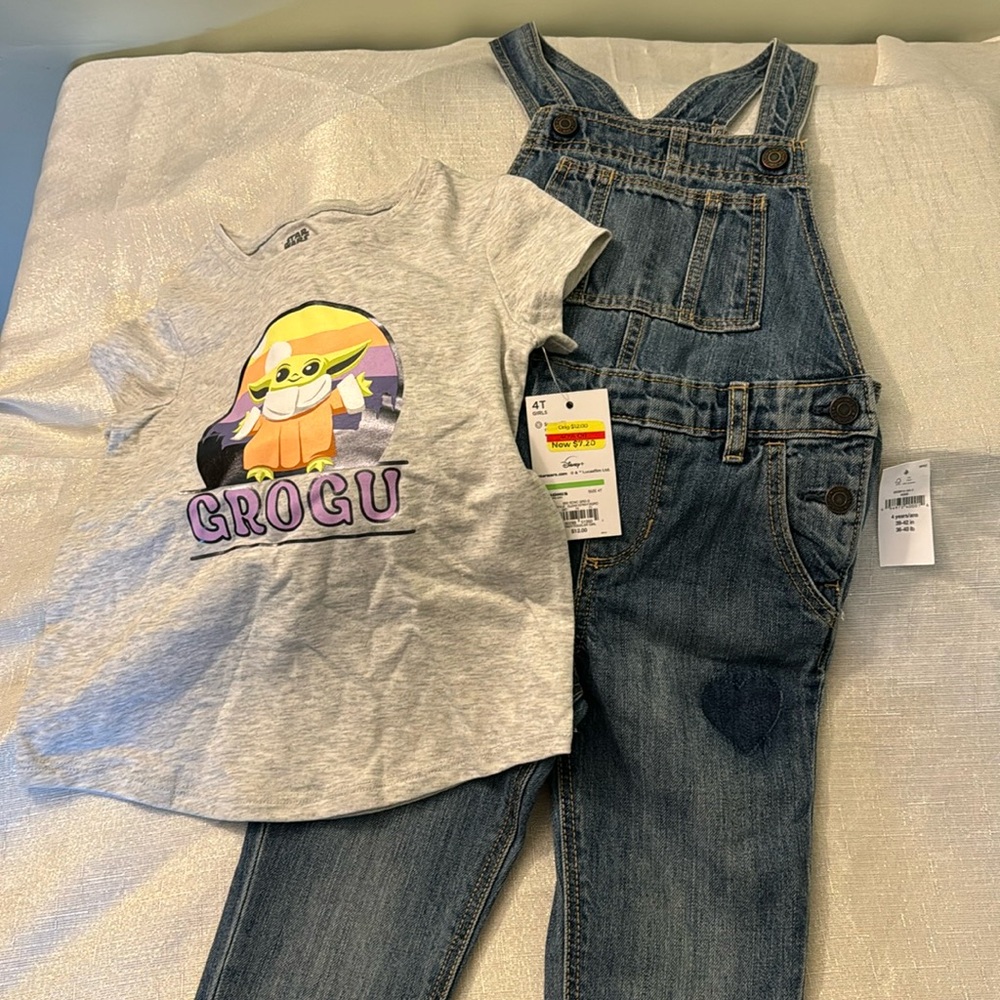 Gap overalls nwt and Grogu shirt nwt + polo Ralph Lauren white skinny jeans